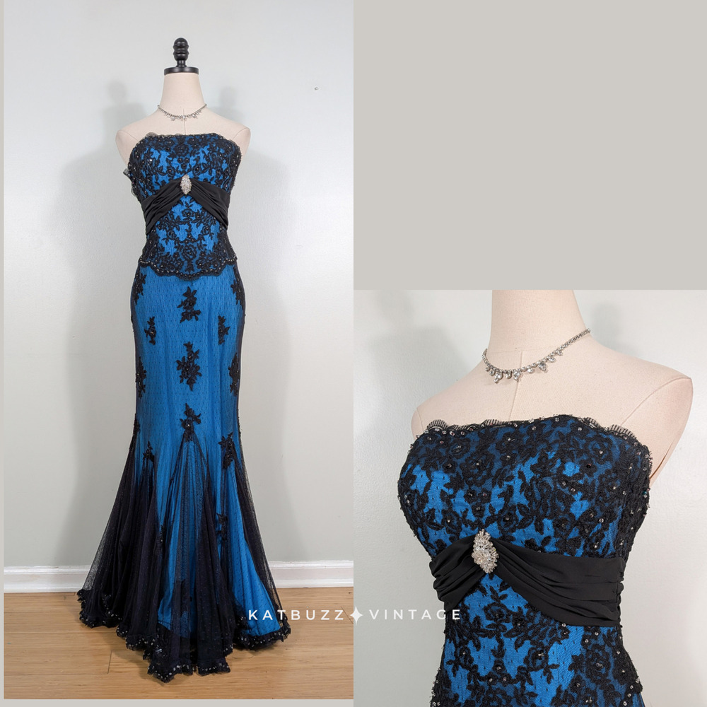 Vintage Flirt Prom Dress Maxi Gown XS Blue Black Goth Y2K Lace Mermaid Strapless